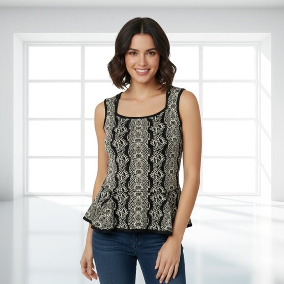 Cabi 887 Sleeveless Sweater Tank Top Medium Black Cream Geometric Print Peplum K - Picture 1 of 11
